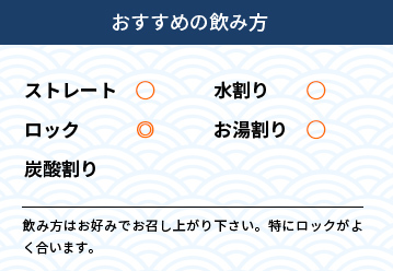 おすすめの飲み方 ストレート〇　水割り〇　ロック◎　お湯割り○　炭酸割り-　飲み方はお好みでお召し上がり下さい。特にロックがよく合います。