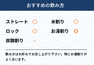 おすすめの飲み方 ストレート〇　水割り〇　ロック〇　お湯割り◎　炭酸割り-　飲み方はお好みでお召し上がり下さい。特にお湯割りがよく合います。