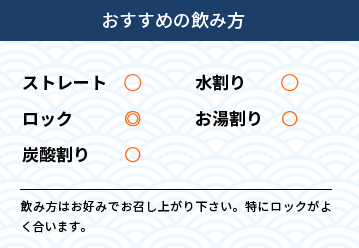 おすすめの飲み方 ストレート〇　水割り〇　ロック◎　お湯割り〇　炭酸割り〇　飲み方はお好みでお召し上がり下さい。特にロックがよく合います。